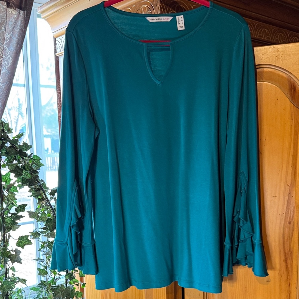 Isaac Mizrahi Teal Ruffle Sleeve Blouse